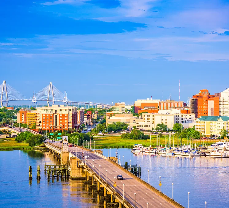 Scenic view of a riverside city, featuring a bridge, marina with boats, and modern buildings under a clear blue sky.